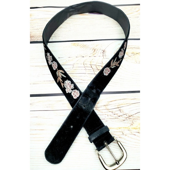 Boutique Accessories - Black velvet with pink floral embroidery belt Boutique Accessories - Black velvet with pink floral embroidery belt